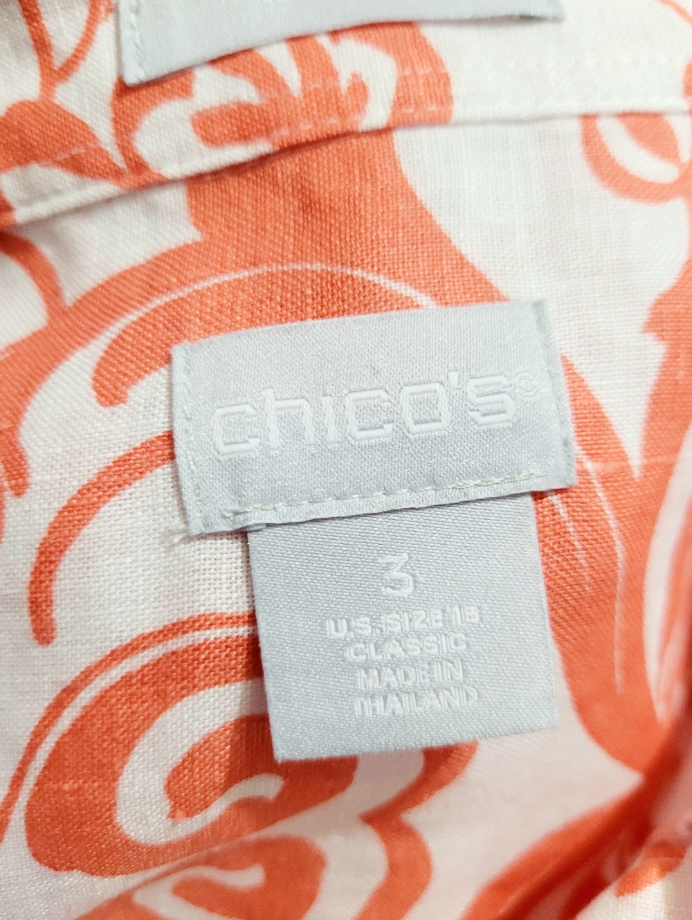 Chico’s 100% Linen Shirt Size 16 Orange White Paisley Button Front Top Classic - Picture 7 of 13
